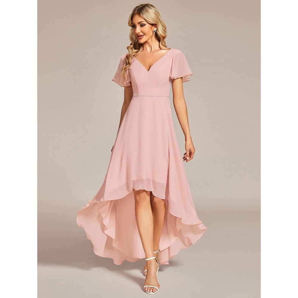 Bridesmaids Dress Sz 10 Flowing Chiffon‎ V-Neck Ruffle Sleeves Blush Pink Boho